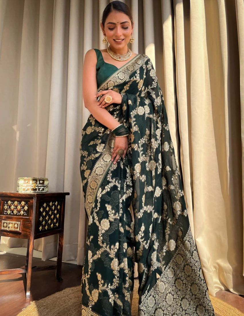 Banarasi Dark Green & Golden Botanical Saree