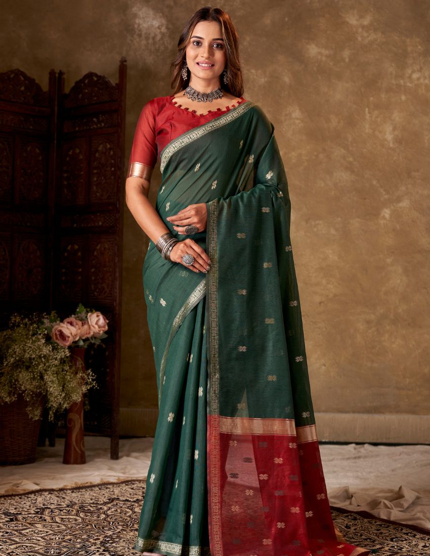 Dark Green & Maroon Butti Banarasi Saree