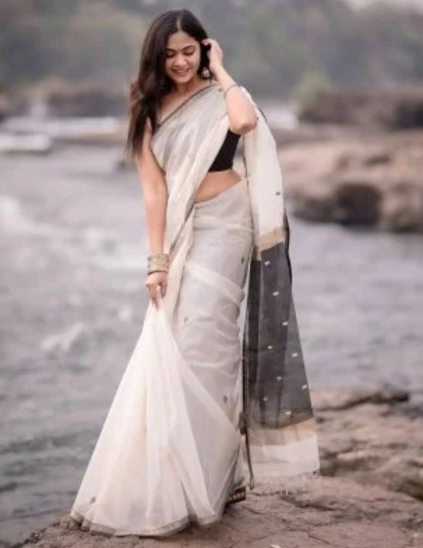 White & Black Butti Cotton Saree