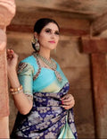 Aqua Blue Floral Banarasi Saree