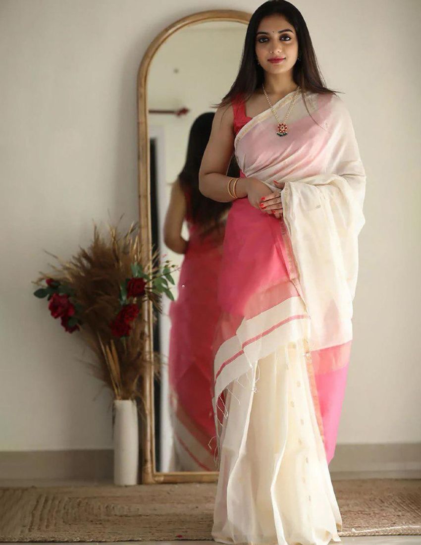 White & Pink Butti Banarasi Saree