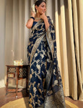 Banarasi Navy Blue & Golden Botanical Saree