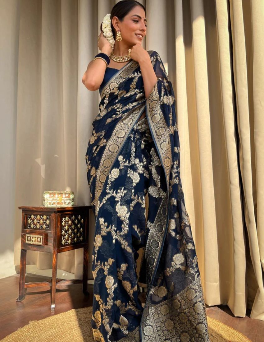 Banarasi Navy Blue & Golden Botanical Saree