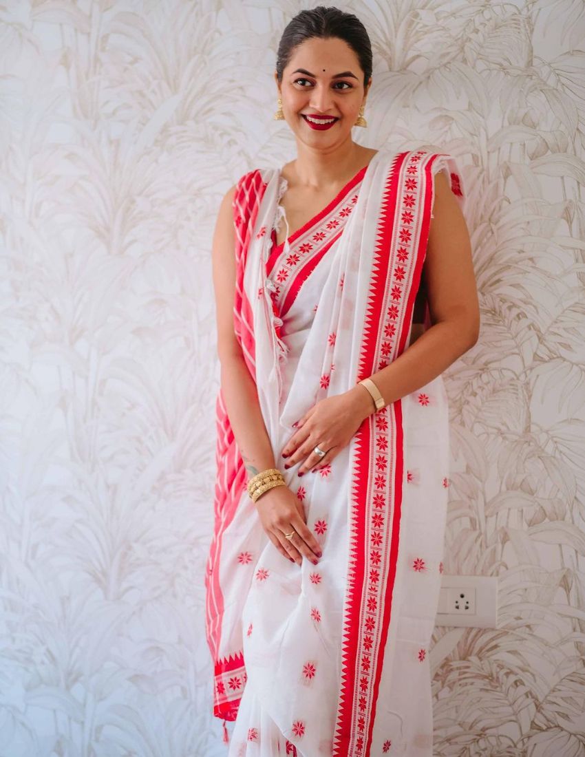 White & Red Ethnic Floral Designer Saree