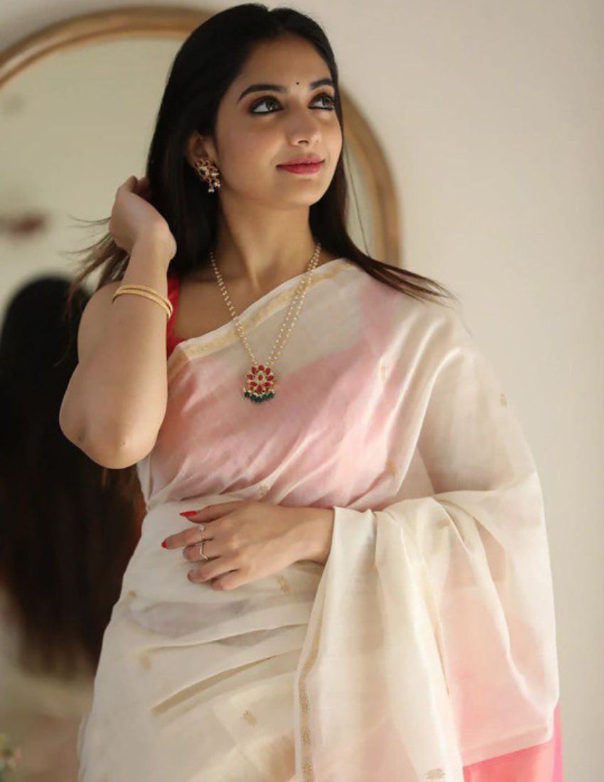 White & Pink Butti Banarasi Saree