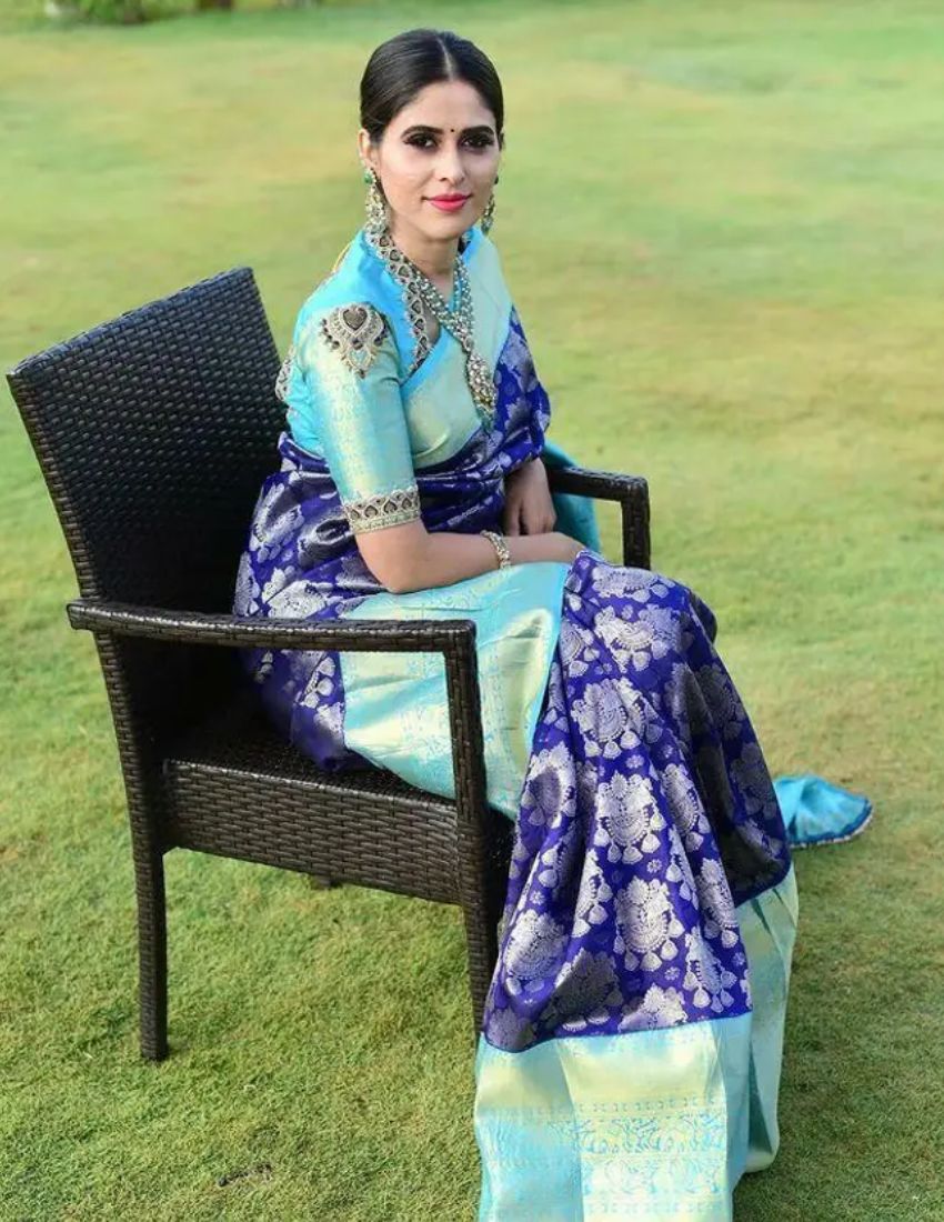 Aqua Blue Floral Banarasi Saree