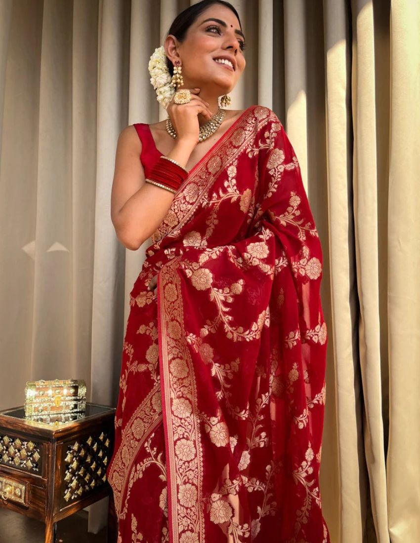 Banarasi Red & Golden Botanical Saree