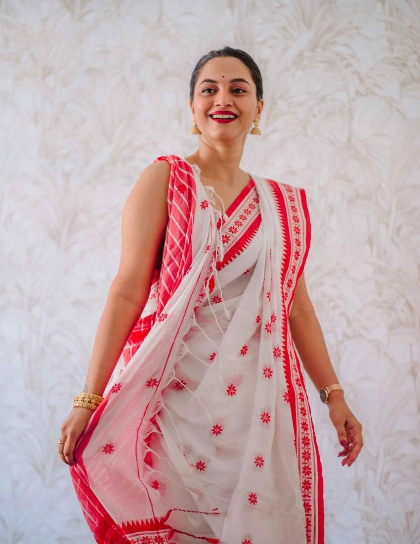 White & Red Ethnic Floral Designer Saree