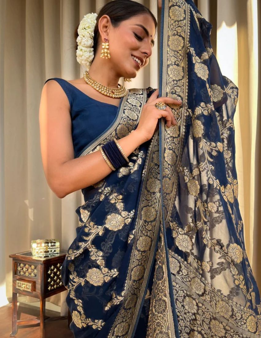 Banarasi Navy Blue & Golden Botanical Saree