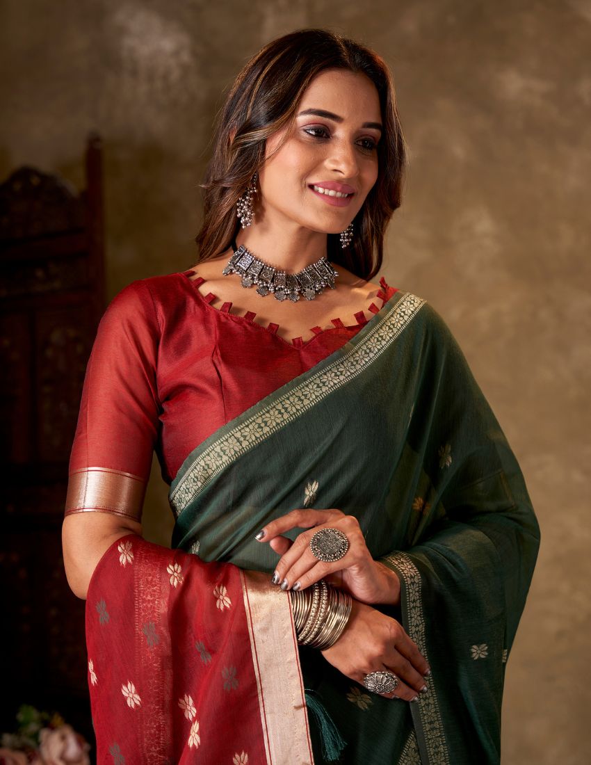 Dark Green & Maroon Butti Banarasi Saree