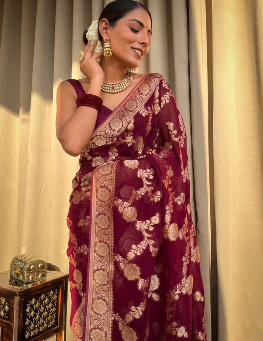 Banarasi Maroon & Golden Botanical Saree