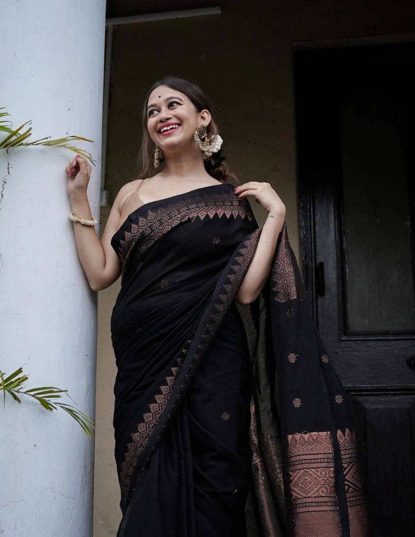 Midnight Black Heritage Border Saree