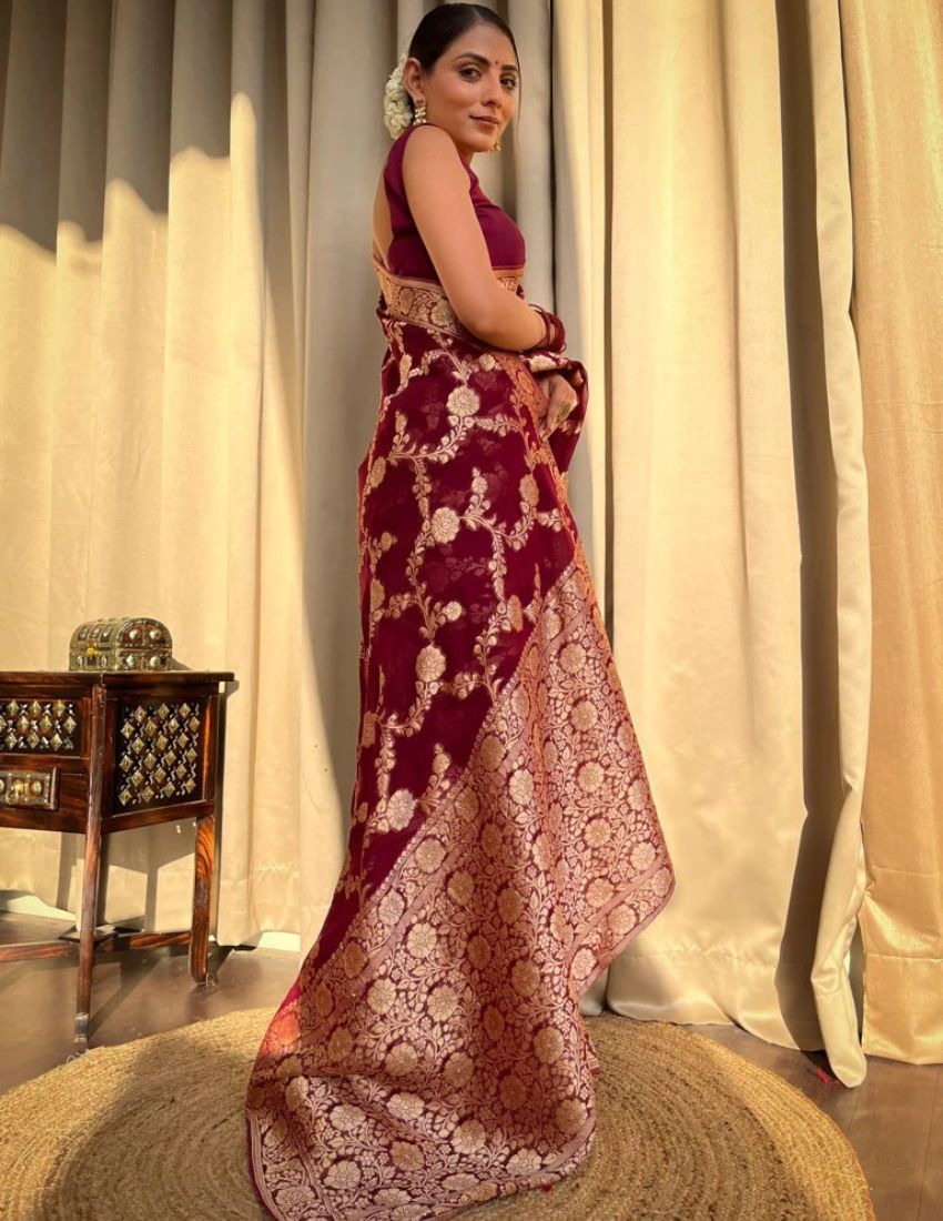 Banarasi Maroon & Golden Botanical Saree