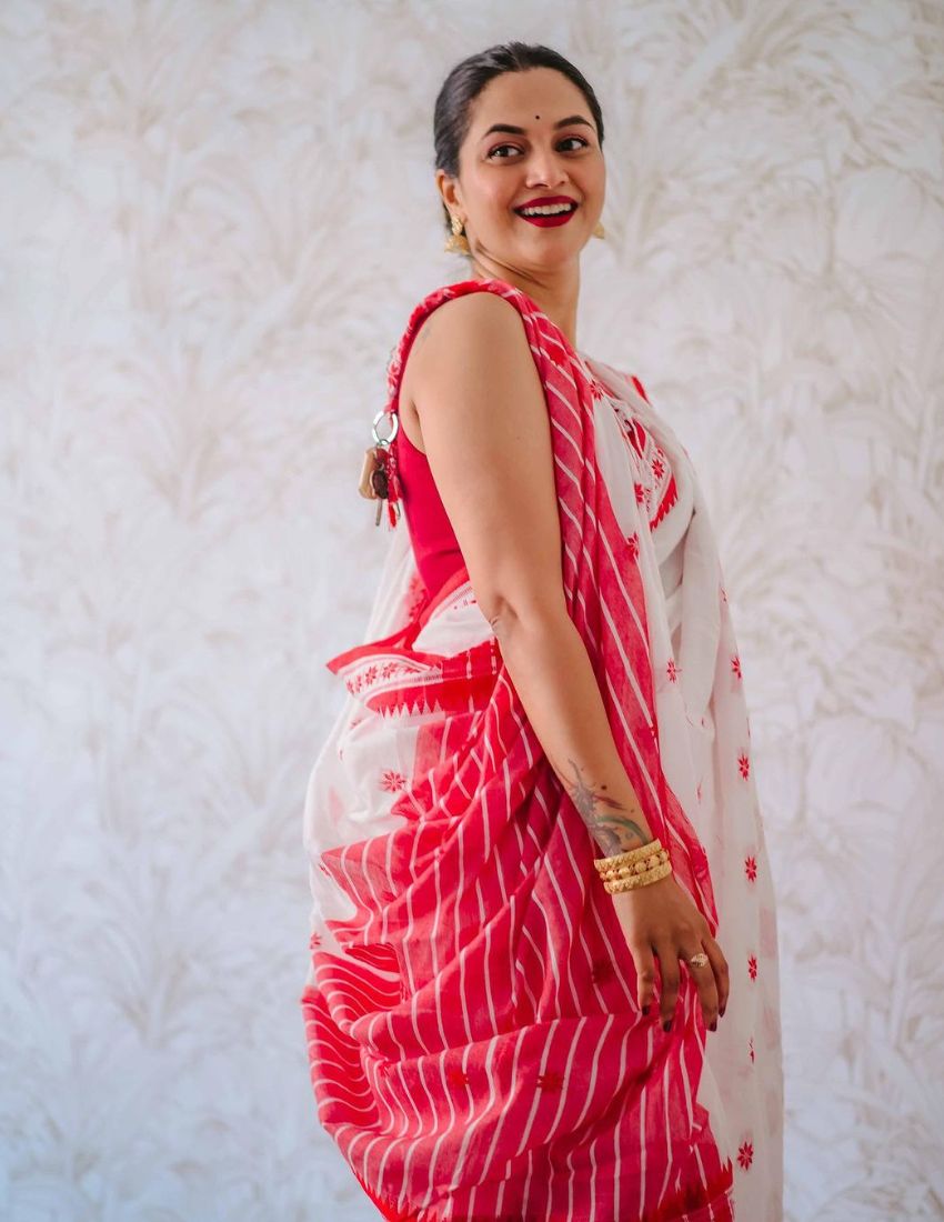 White & Red Ethnic Floral Designer Saree