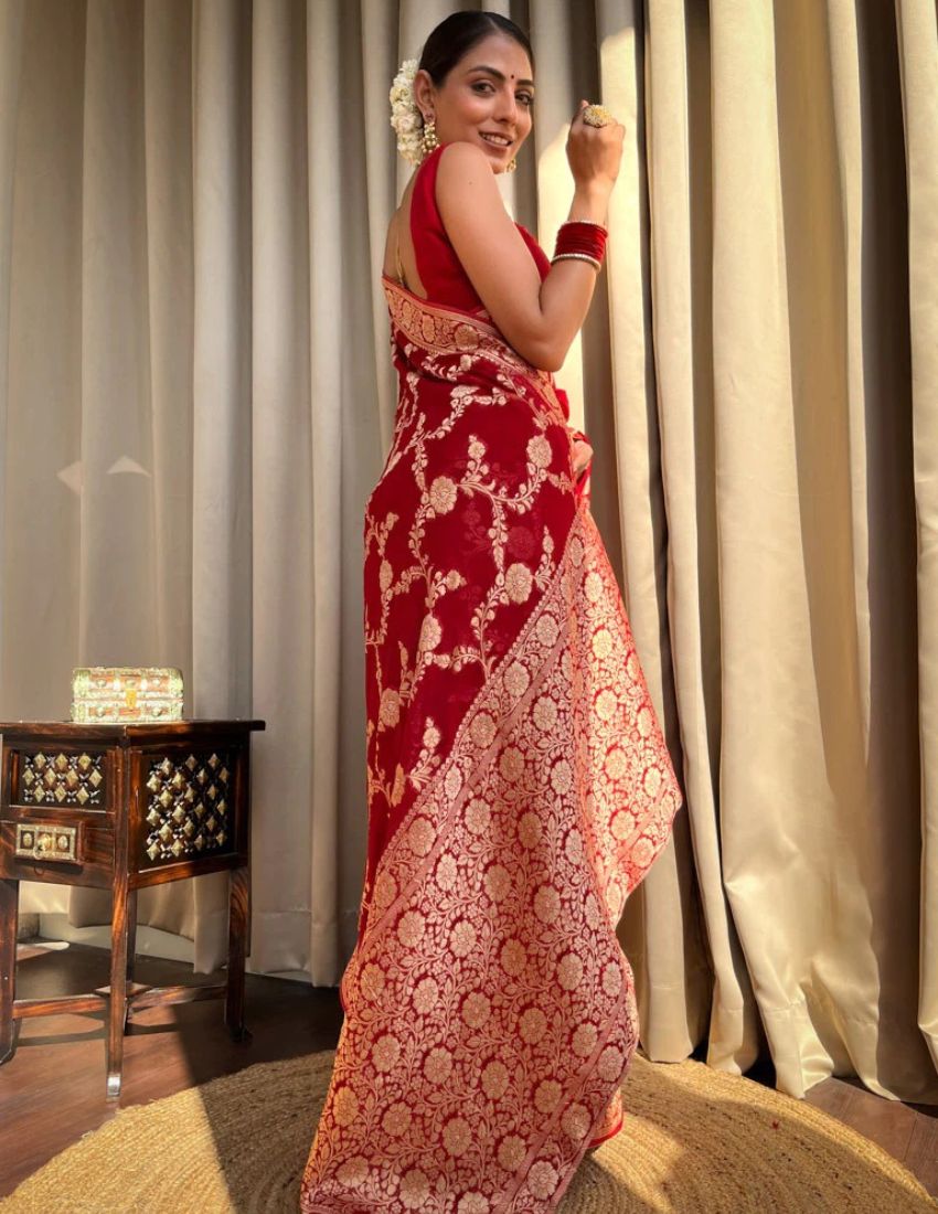 Banarasi Red & Golden Botanical Saree