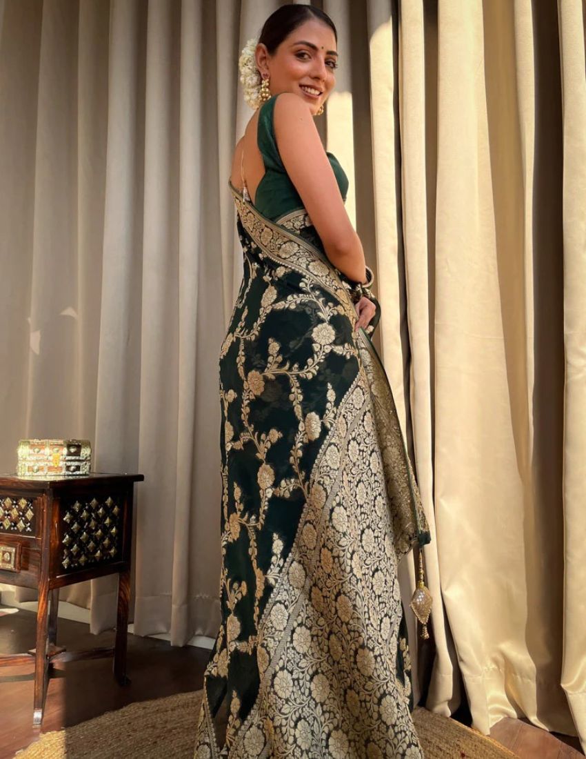 Banarasi Dark Green & Golden Botanical Saree