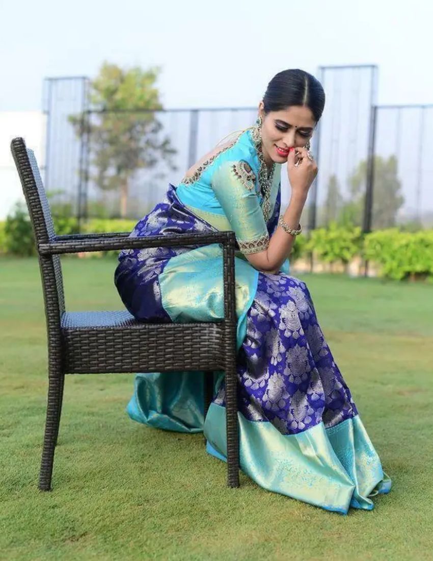 Aqua Blue Floral Banarasi Saree