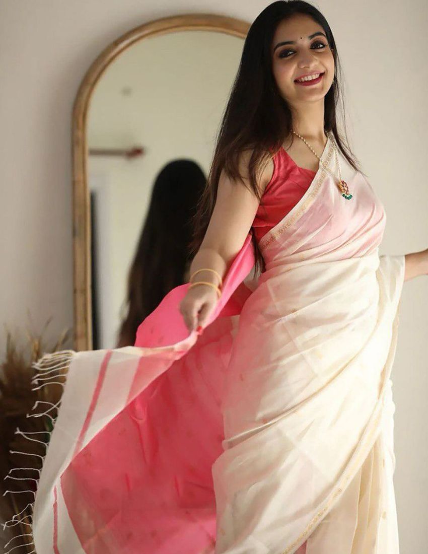 White & Pink Butti Banarasi Saree