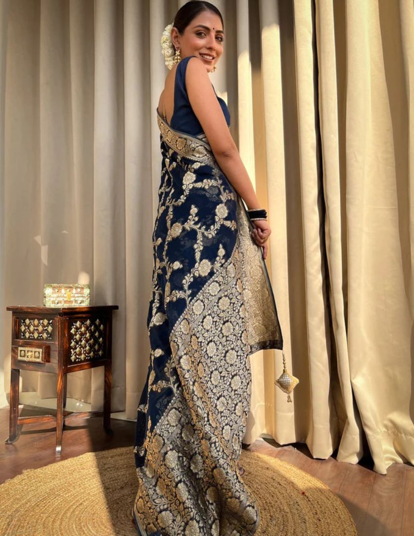 Banarasi Navy Blue & Golden Botanical Saree