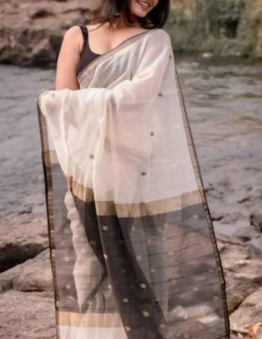 White & Black Butti Cotton Saree