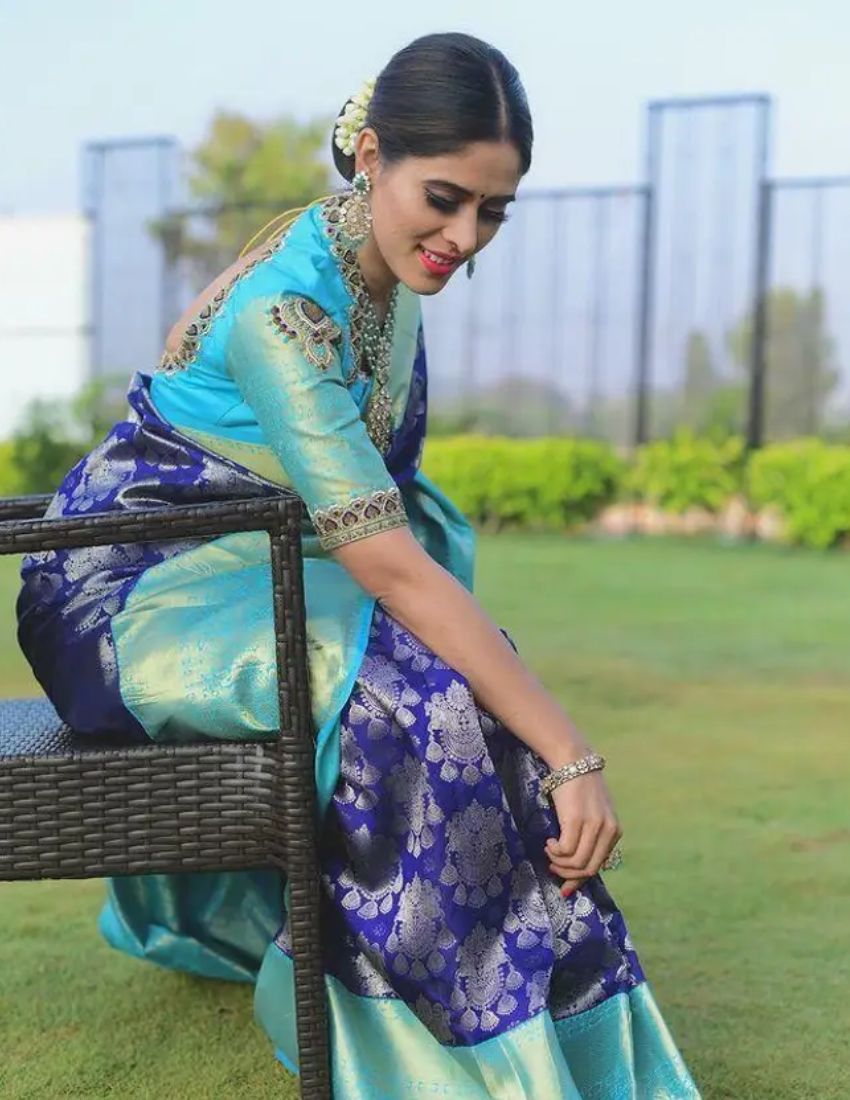 Aqua Blue Floral Banarasi Saree