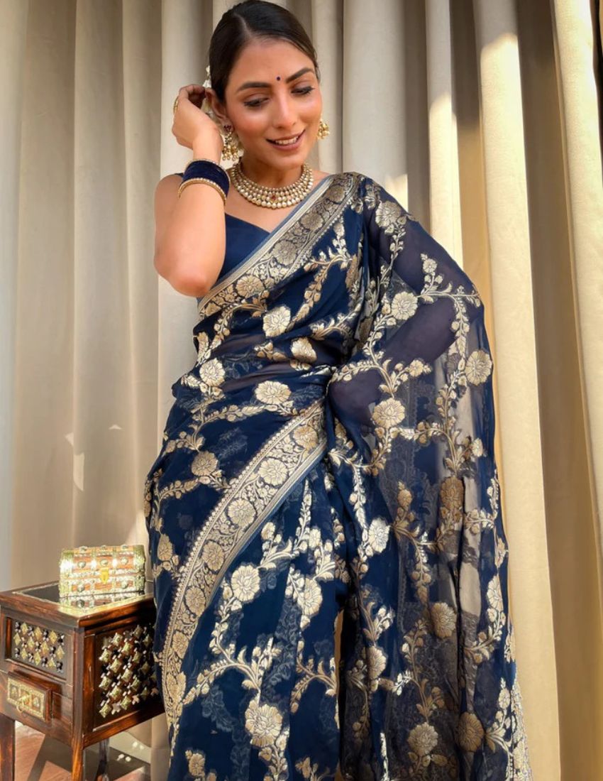 Banarasi Navy Blue & Golden Botanical Saree