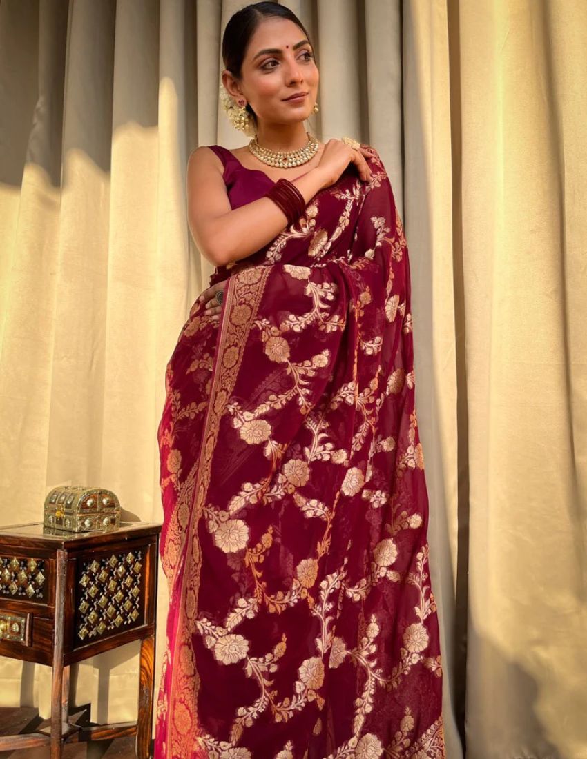 Banarasi Maroon & Golden Botanical Saree