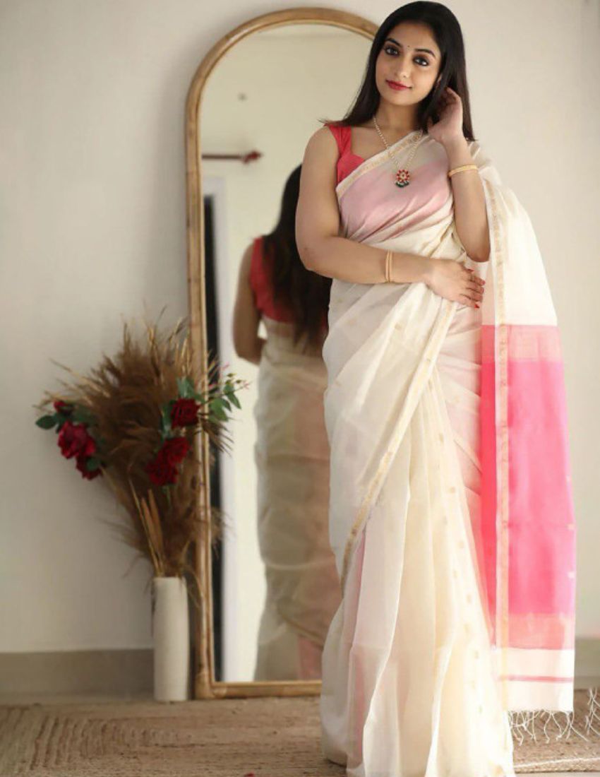 White & Pink Butti Banarasi Saree