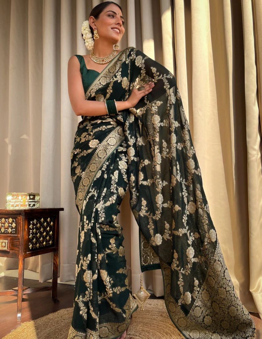 Banarasi Dark Green & Golden Botanical Saree