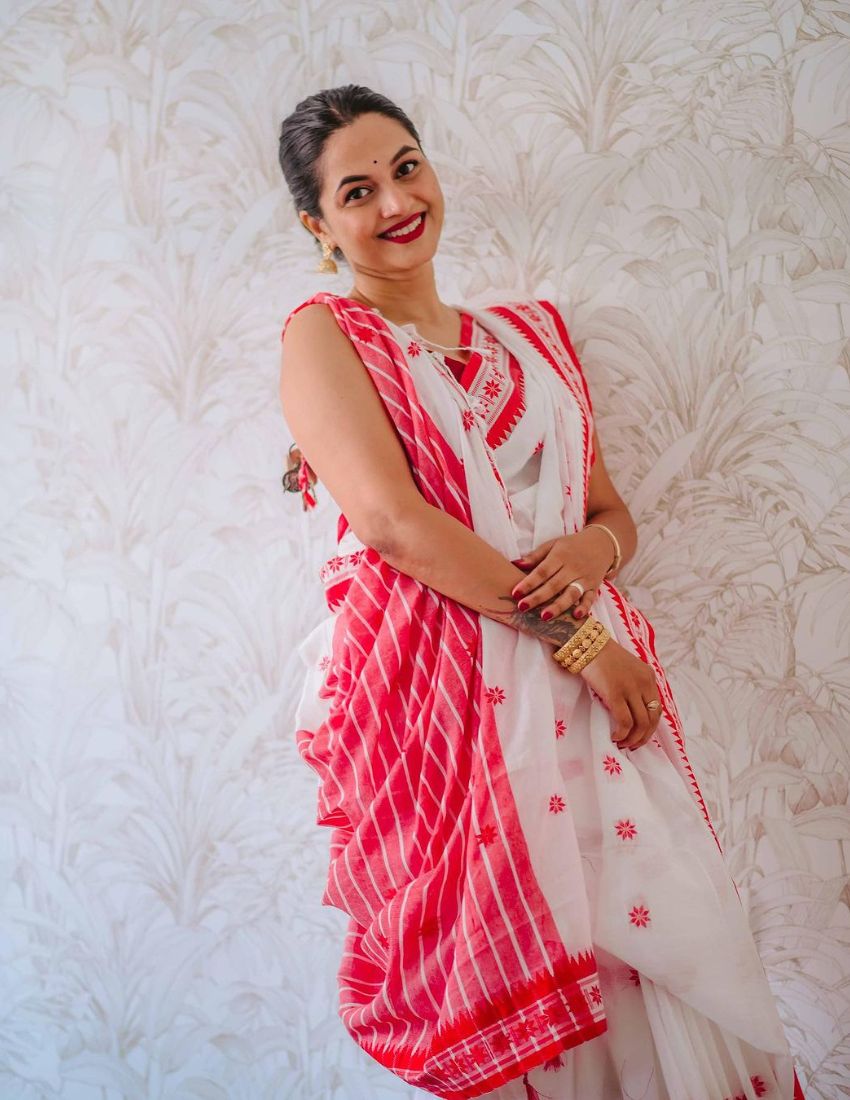 White & Red Ethnic Floral Designer Saree