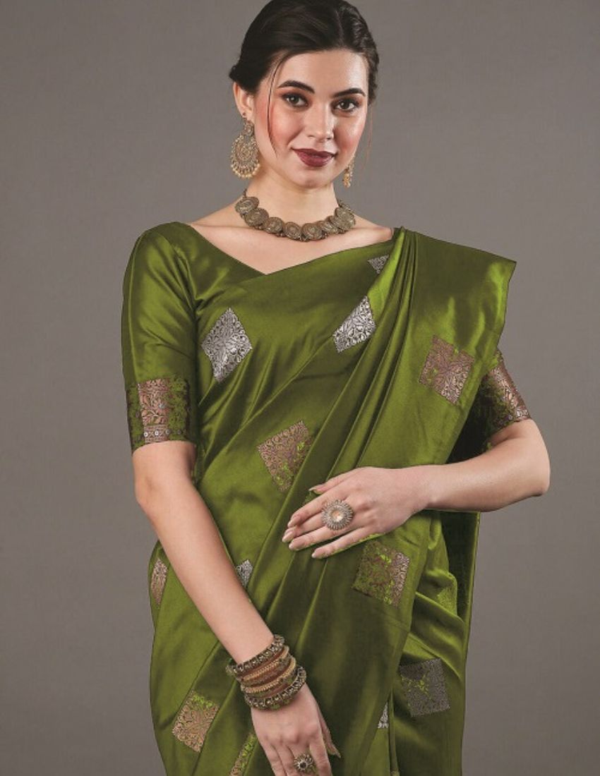 Olive Green Geometric Butta Saree