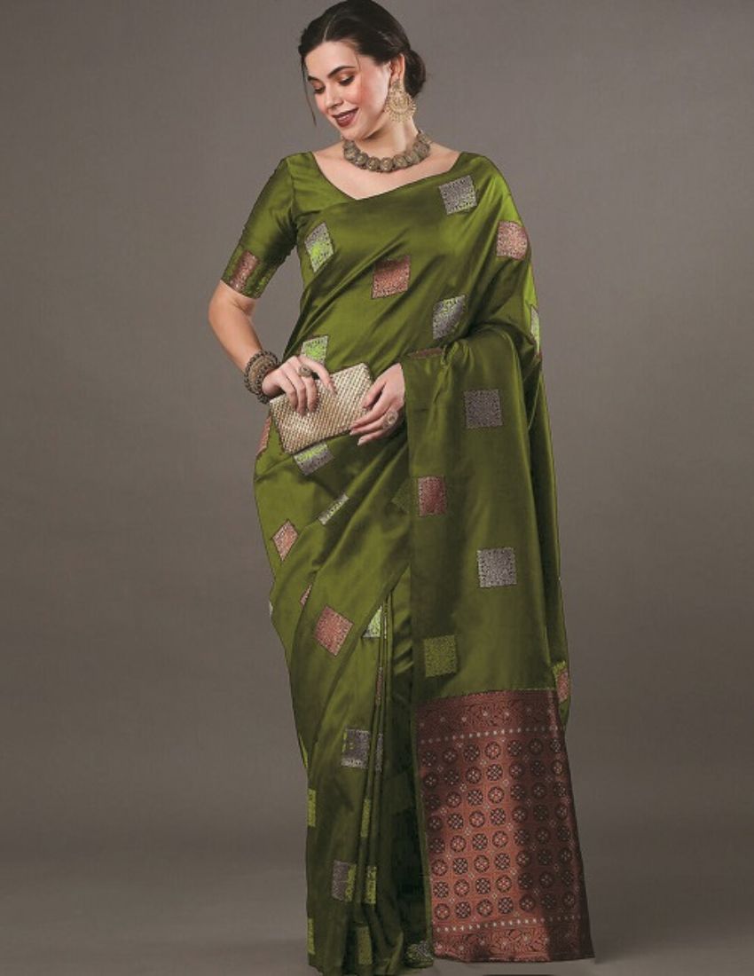 Olive Green Geometric Butta Saree