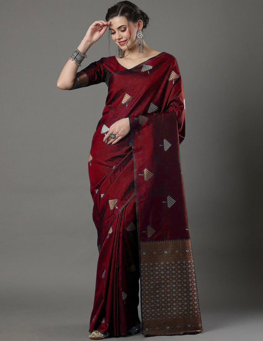 Maroon Geometric Print Saree