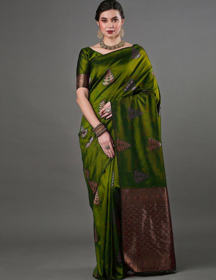 Olive Green Woven Motif Banarasi Saree