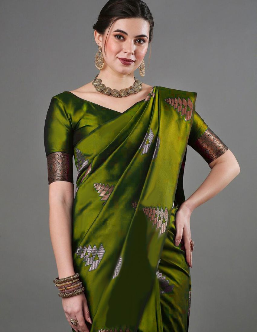 Olive Green Woven Motif Banarasi Saree