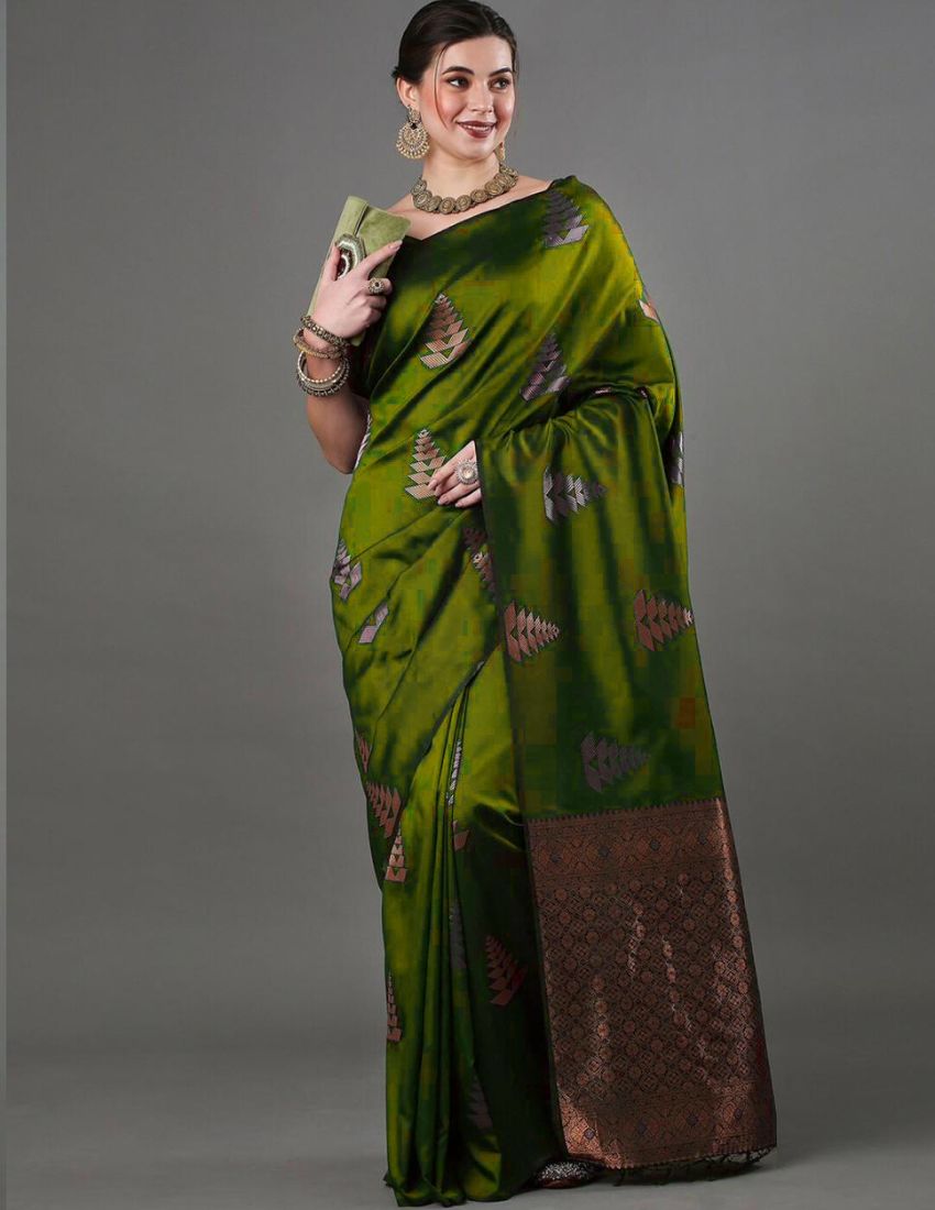 Olive Green Woven Motif Banarasi Saree
