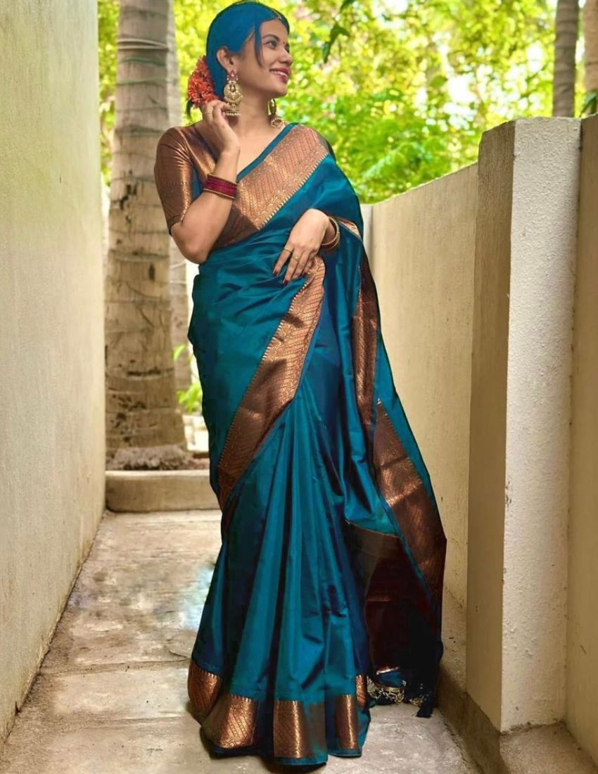 Teal Blue Traditional Border Saree