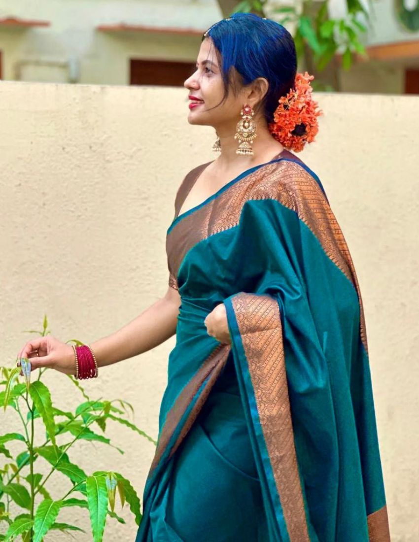 Teal Blue Traditional Border Saree